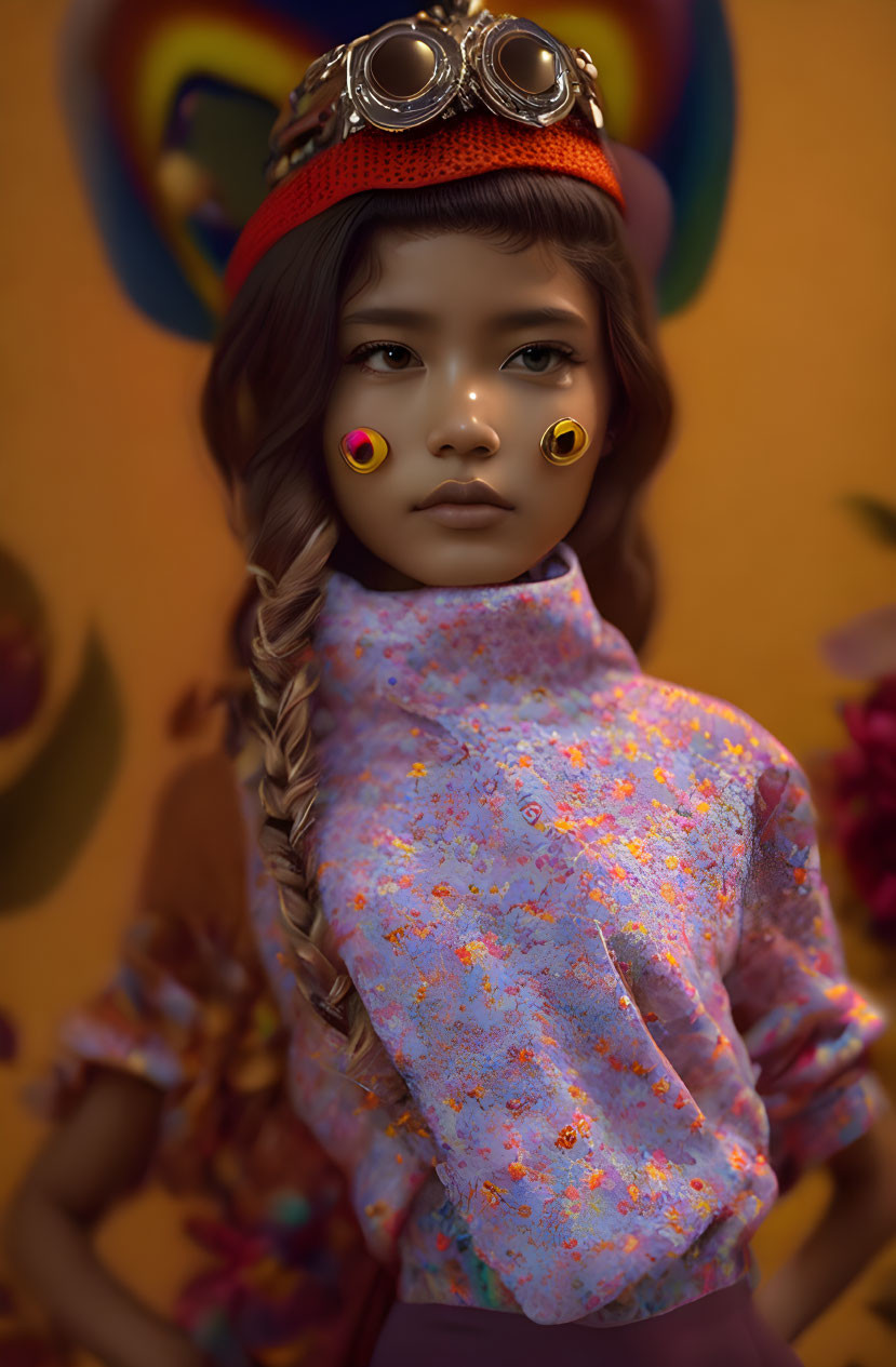 Detailed doll image with red cap, gold earrings, floral blouse on vibrant backdrop