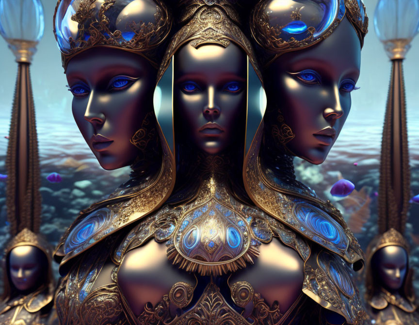 Digital Art: Futuristic Image of Three Identical Female Figures with Gold Headpieces and Blue Skin in