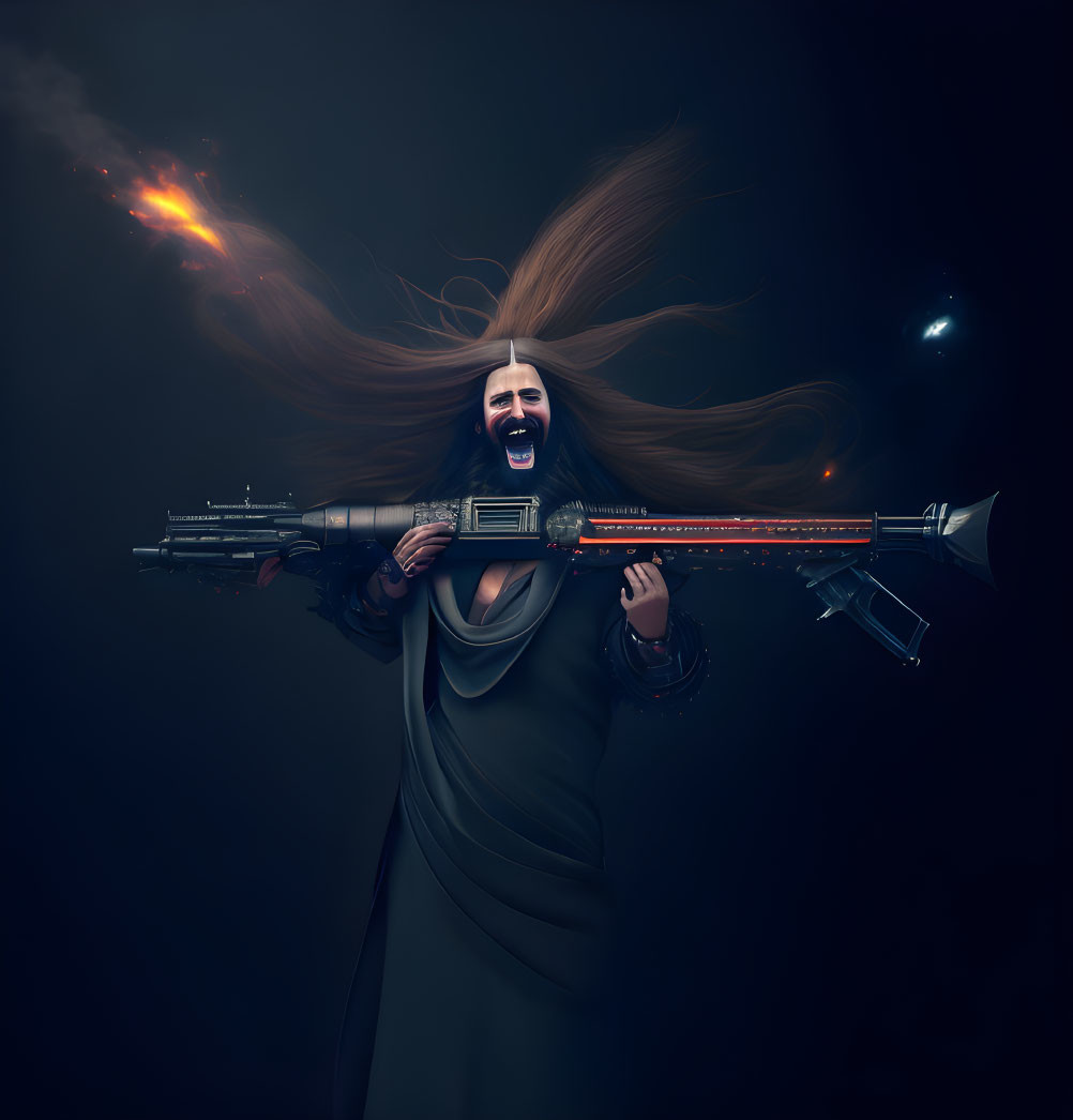 Person in cloak with futuristic rifle and fiery explosion background