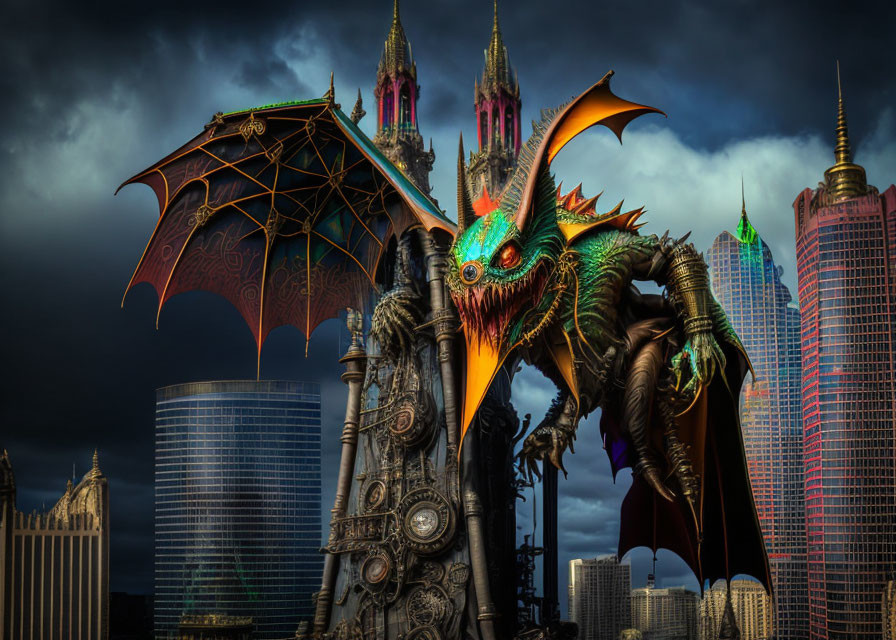 Colorful fantasy dragon on gothic structure in stormy cityscape