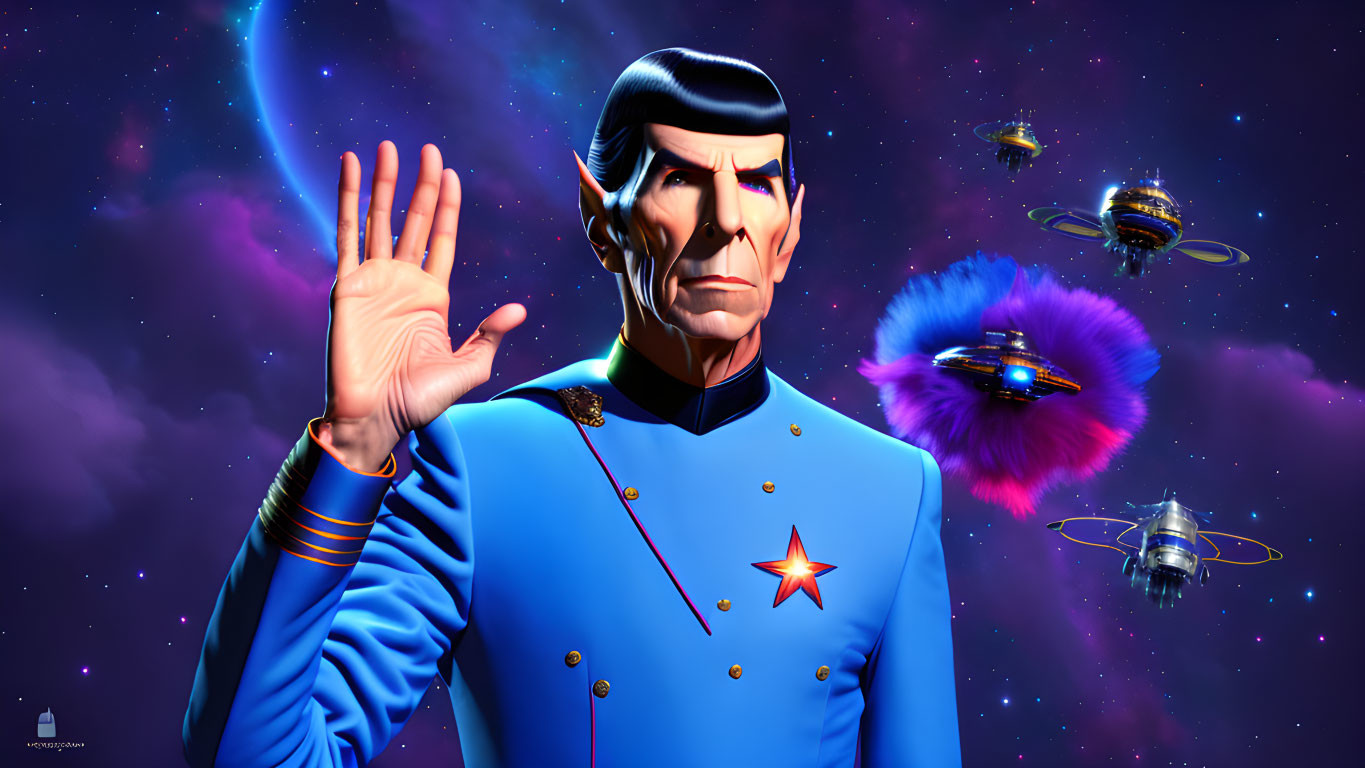 Male character in blue uniform with pointed ears, making Vulcan salute in cosmic setting.