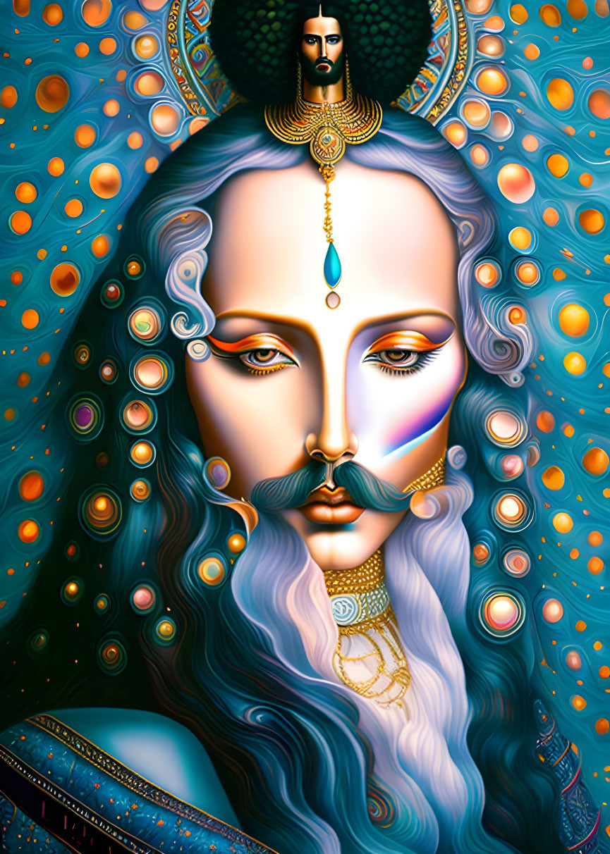 Dual-faced person in vibrant digital art with ornate cosmic background