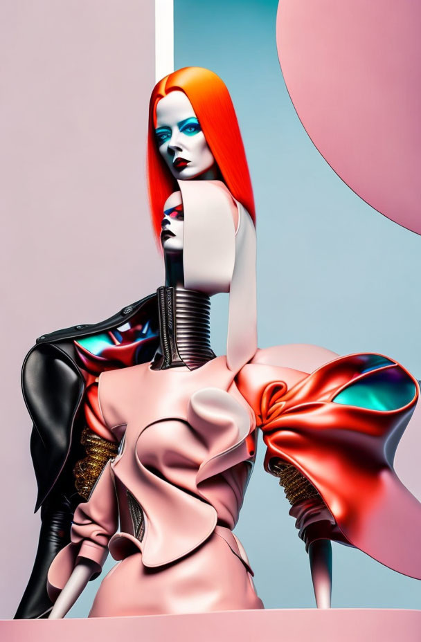 Futuristic female figure with red and white hair in avant-garde pink and black outfit