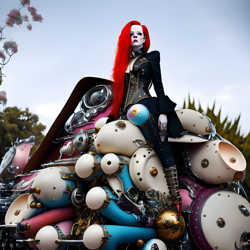 Red-haired person in gothic attire on colorful, mechanical outdoor sculpture