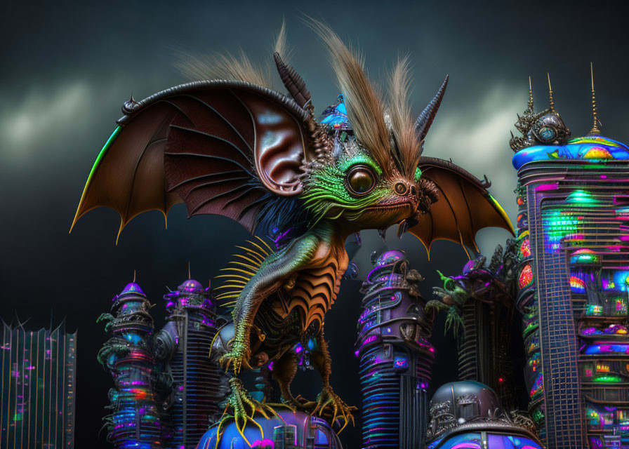 Fantastical creature with large ears and bat-like wings above neon-lit futuristic cityscape