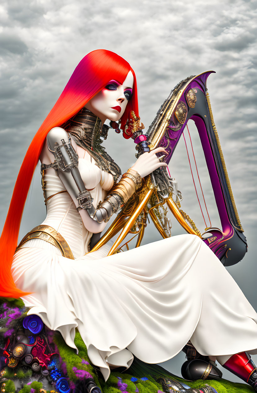 Futuristic woman with red and white hair playing gold harp in cloudy sky scene