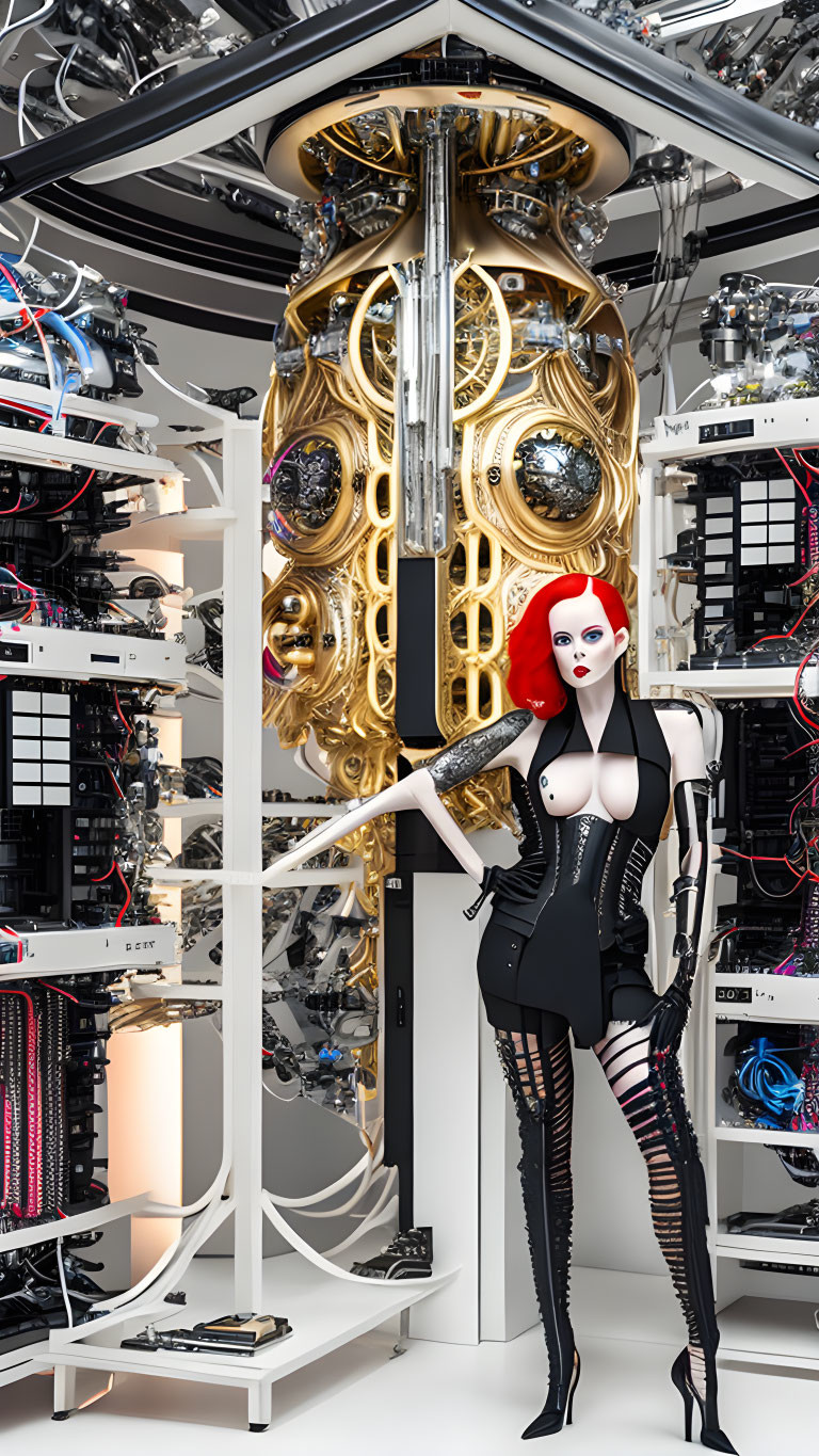 Red-haired female android in futuristic high-tech room