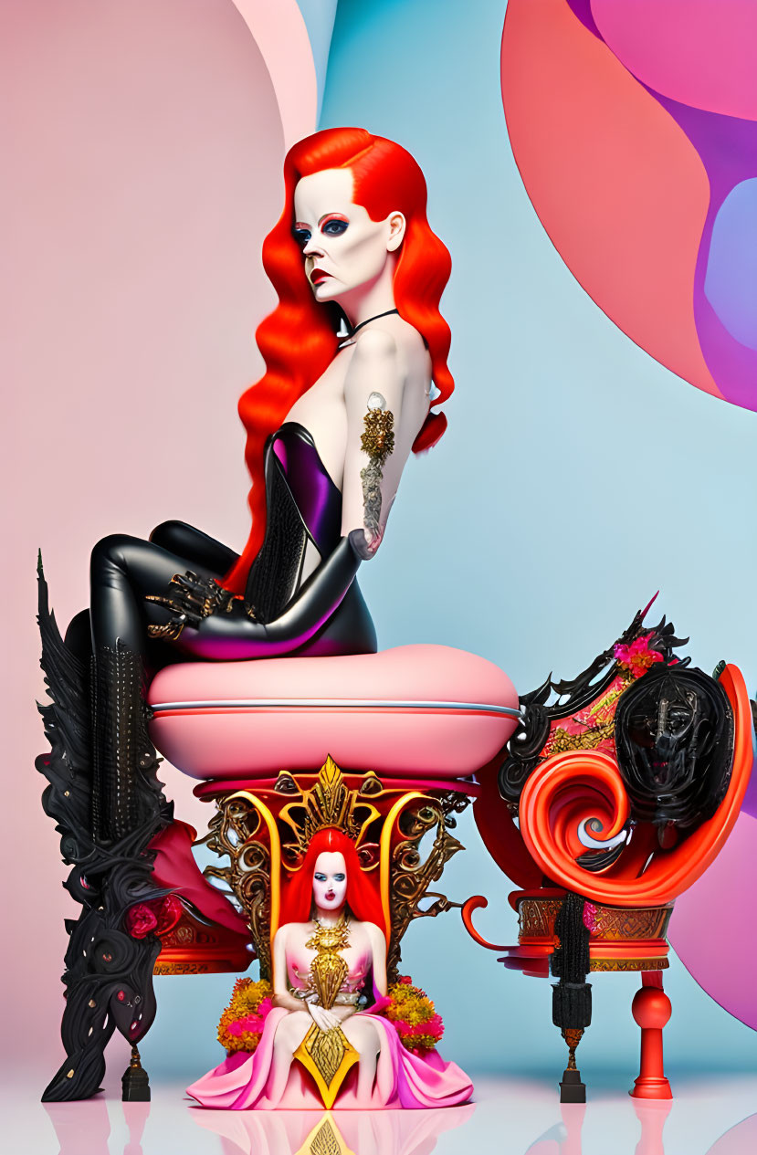 Surreal digital artwork: Woman with red hair in gothic attire on colorful throne