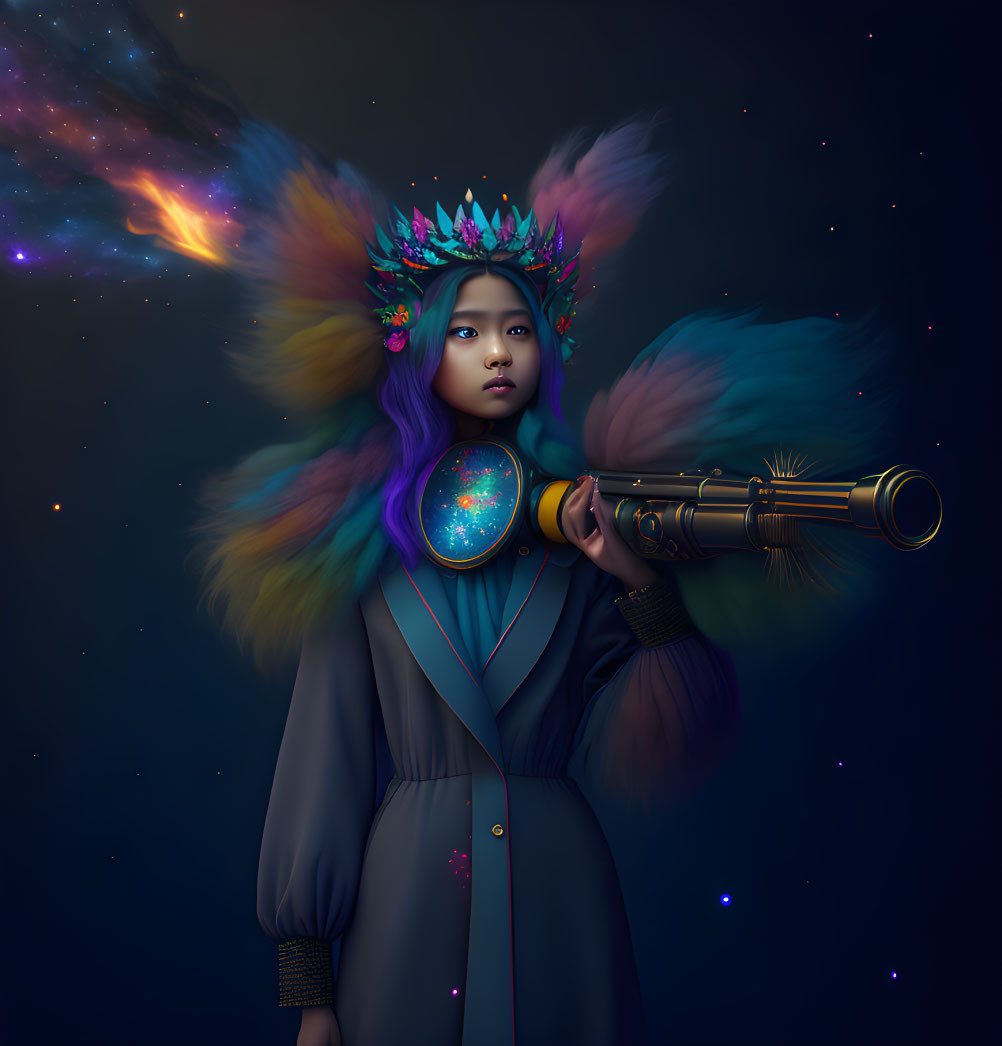 Mystical girl with galaxy hairstyle and flower crown holding ornate telescope in cosmic setting