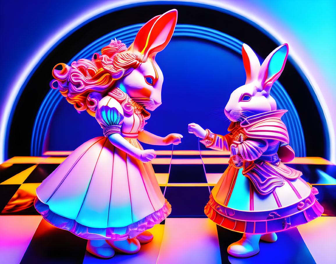 Stylized anthropomorphic rabbits in elaborate costumes conversing under neon lighting