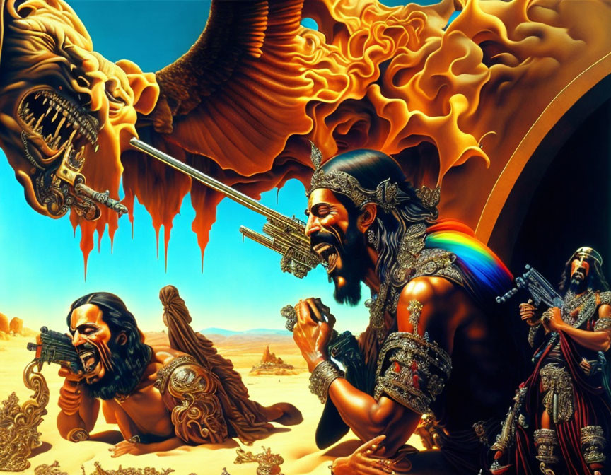 Surreal illustration of warriors with gun-barrels for beards in fiery backdrop.