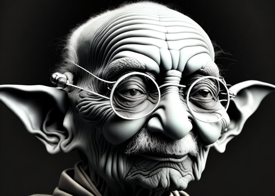 Elderly Black and White Caricature with Large Ears and Round Spectacles