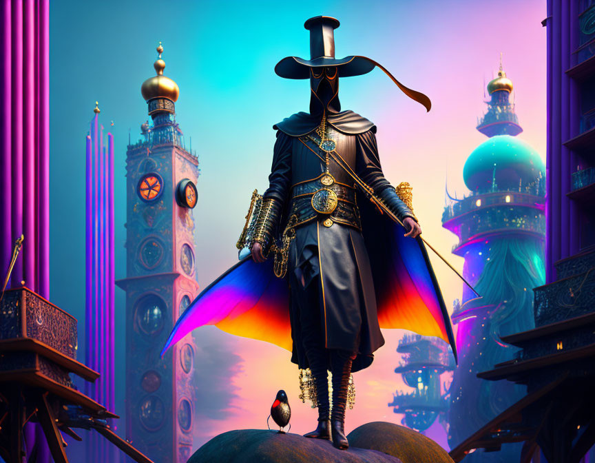 Colorful character in plumed hat and cape with gold accents standing near whimsical towers and bird