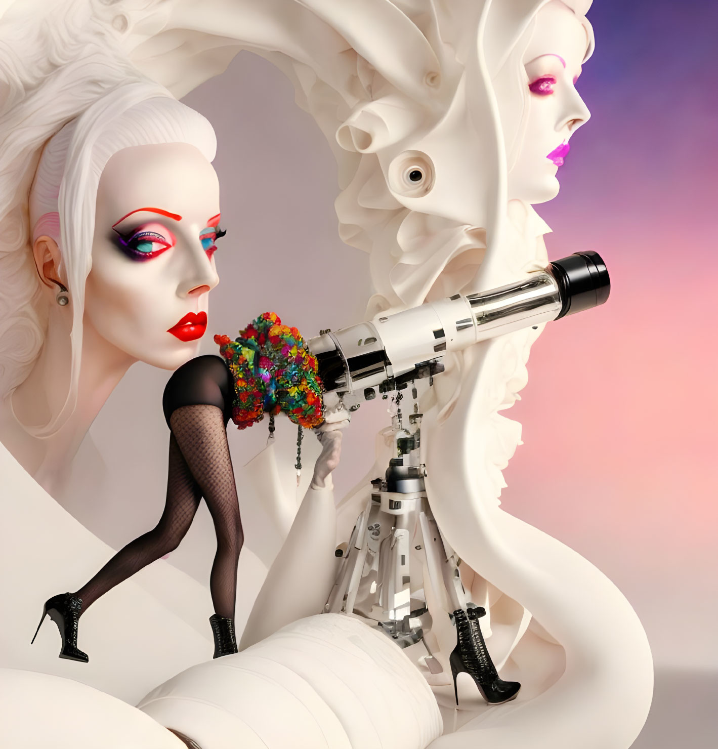 Stylized surreal artwork: white female figure with vibrant makeup and colorful bouquet, linked to robotic arm