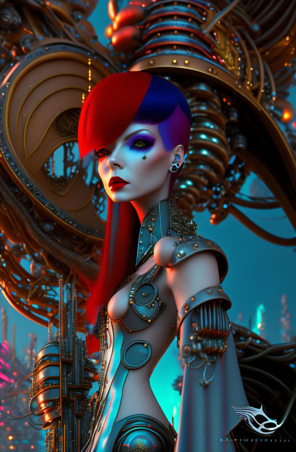 Futuristic cyborg woman with red and blue hair and metallic arm enhancements