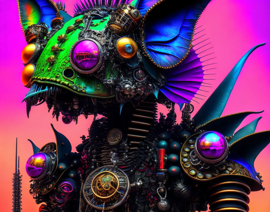 Colorful Steampunk Dragon Sculpture with Metallic Gears and Blue Wings