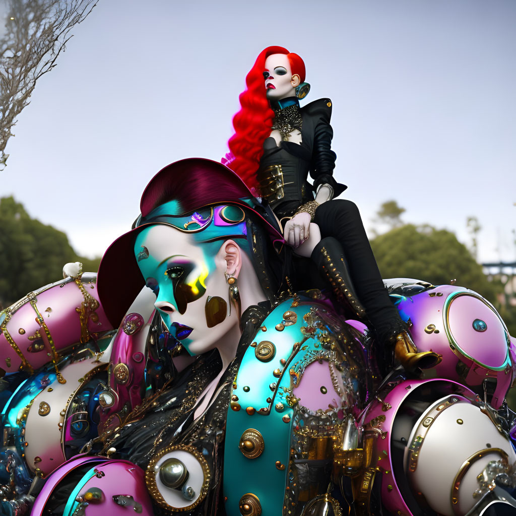 Vibrant red-haired person in gothic attire riding steampunk creature