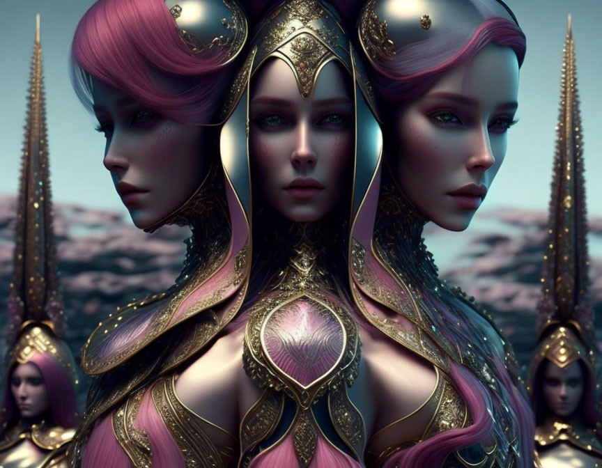 Three female figures in pink hair and golden armor in surreal landscape.