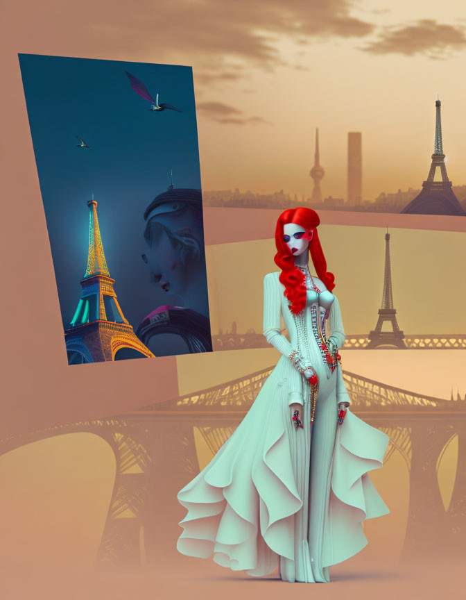 Stylized image of woman with red hair in white dress against landmark backdrop