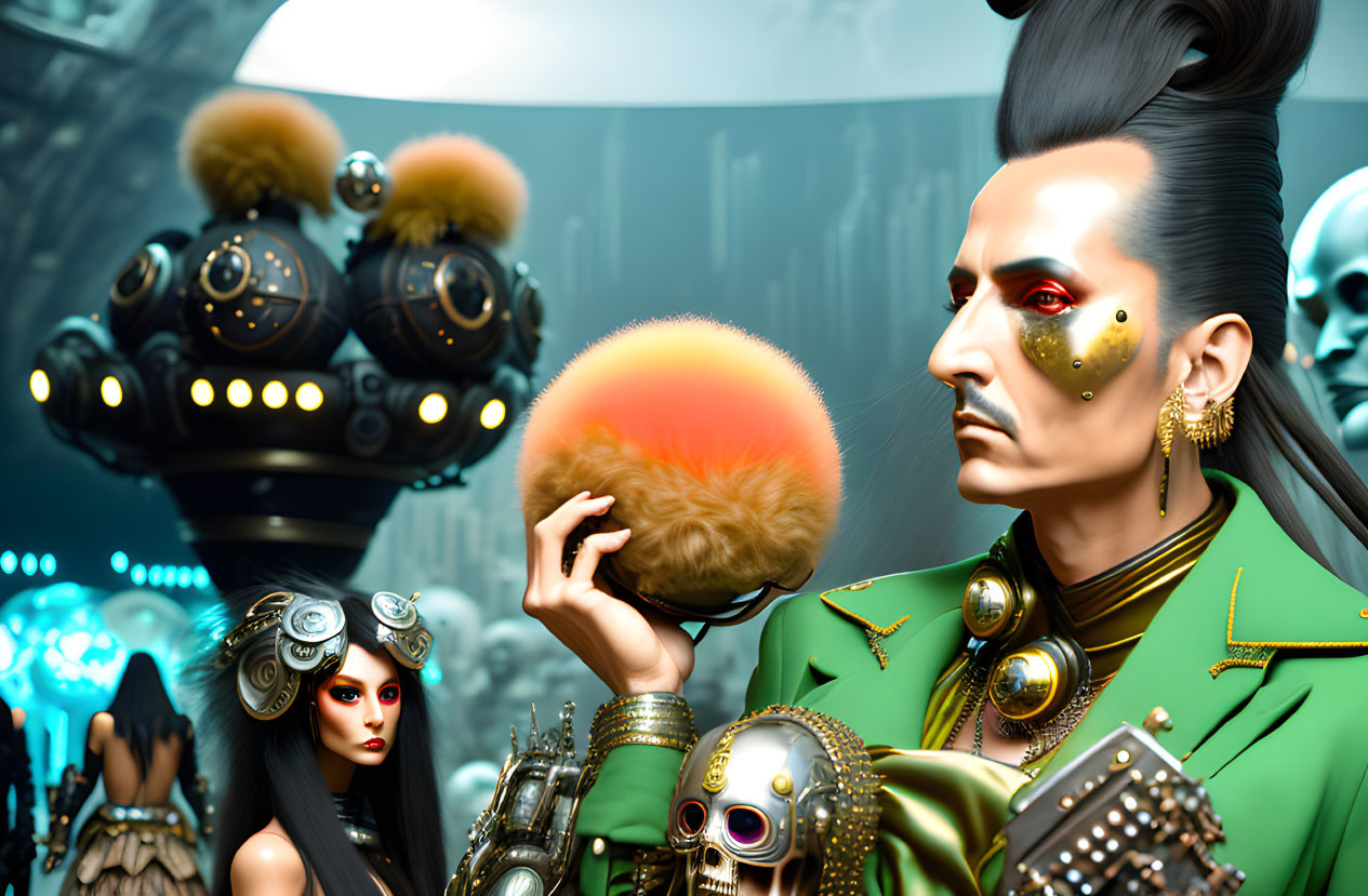 Futuristic scene with stylish, eccentric characters in elaborate costumes