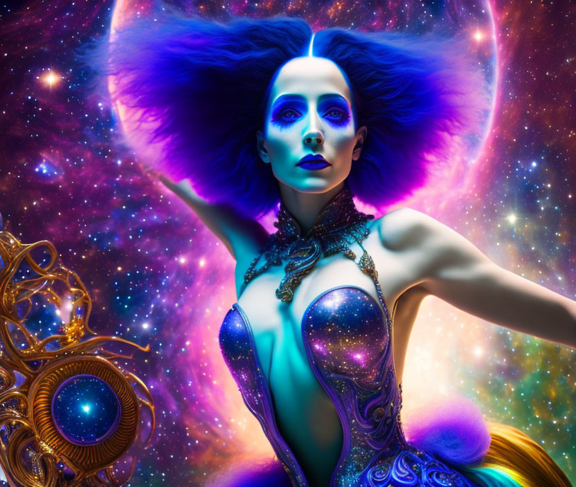 Colorful cosmic portrait with blue-skinned person and glittery makeup against starry backdrop