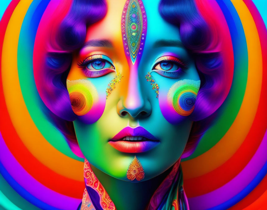 Colorful digital artwork of a woman with psychedelic patterns and hues, inspired by traditional Indian art.