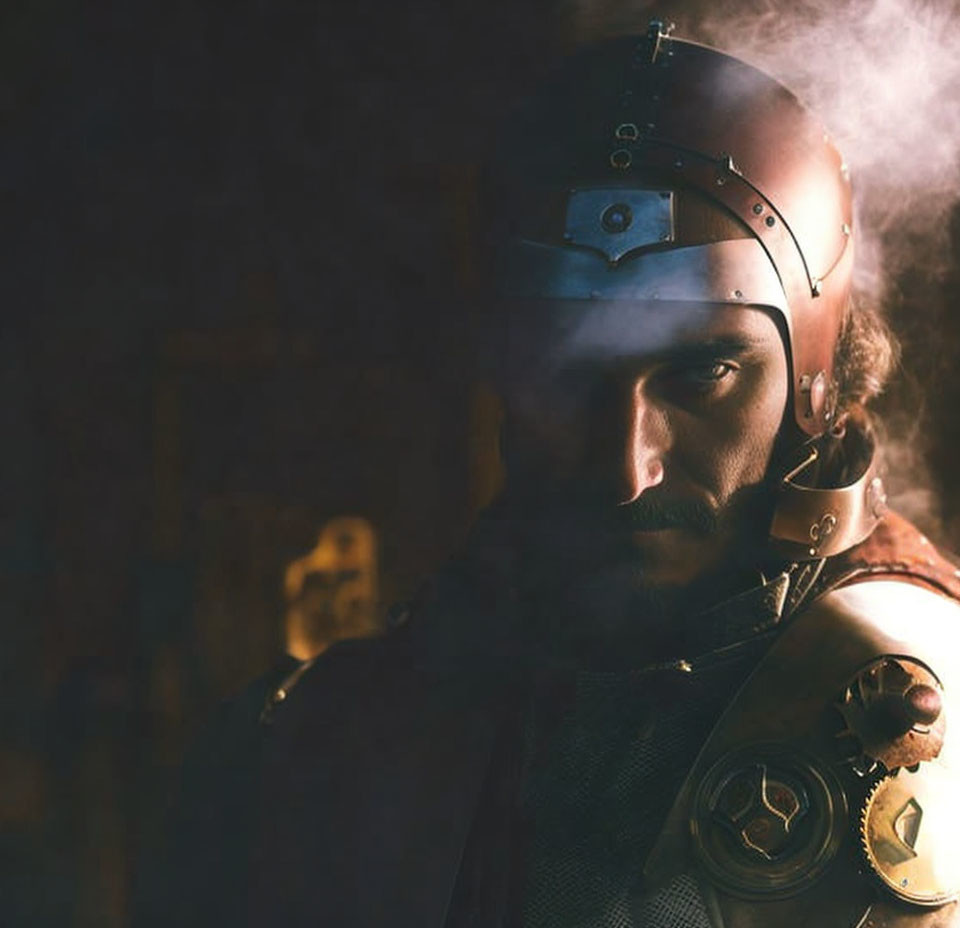 Bearded man in Roman soldier helmet and armor against sepia background