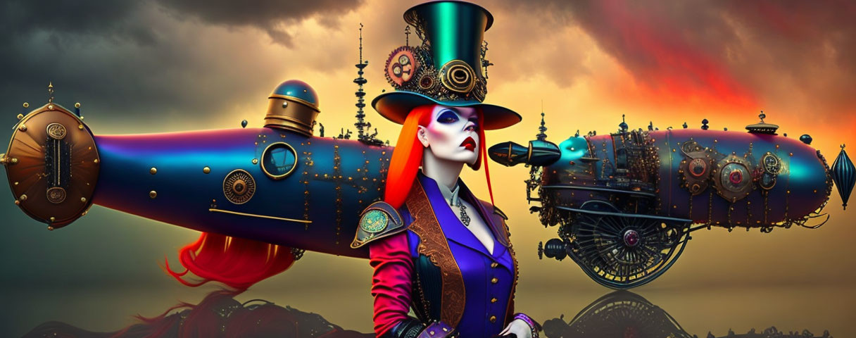 Surreal steampunk scene with woman, airships, sunset sky