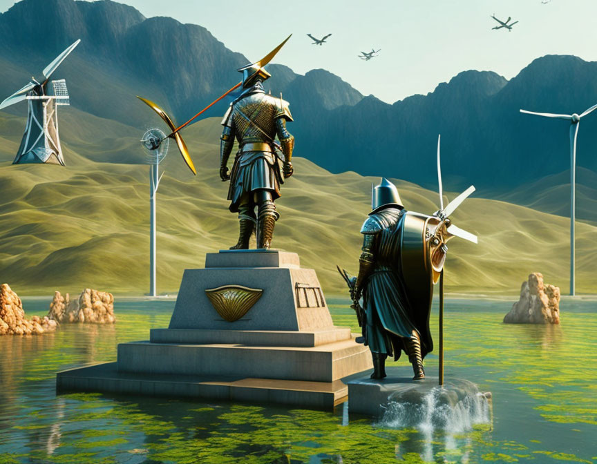 Knights near shield on pedestal in landscape with water and wind turbines