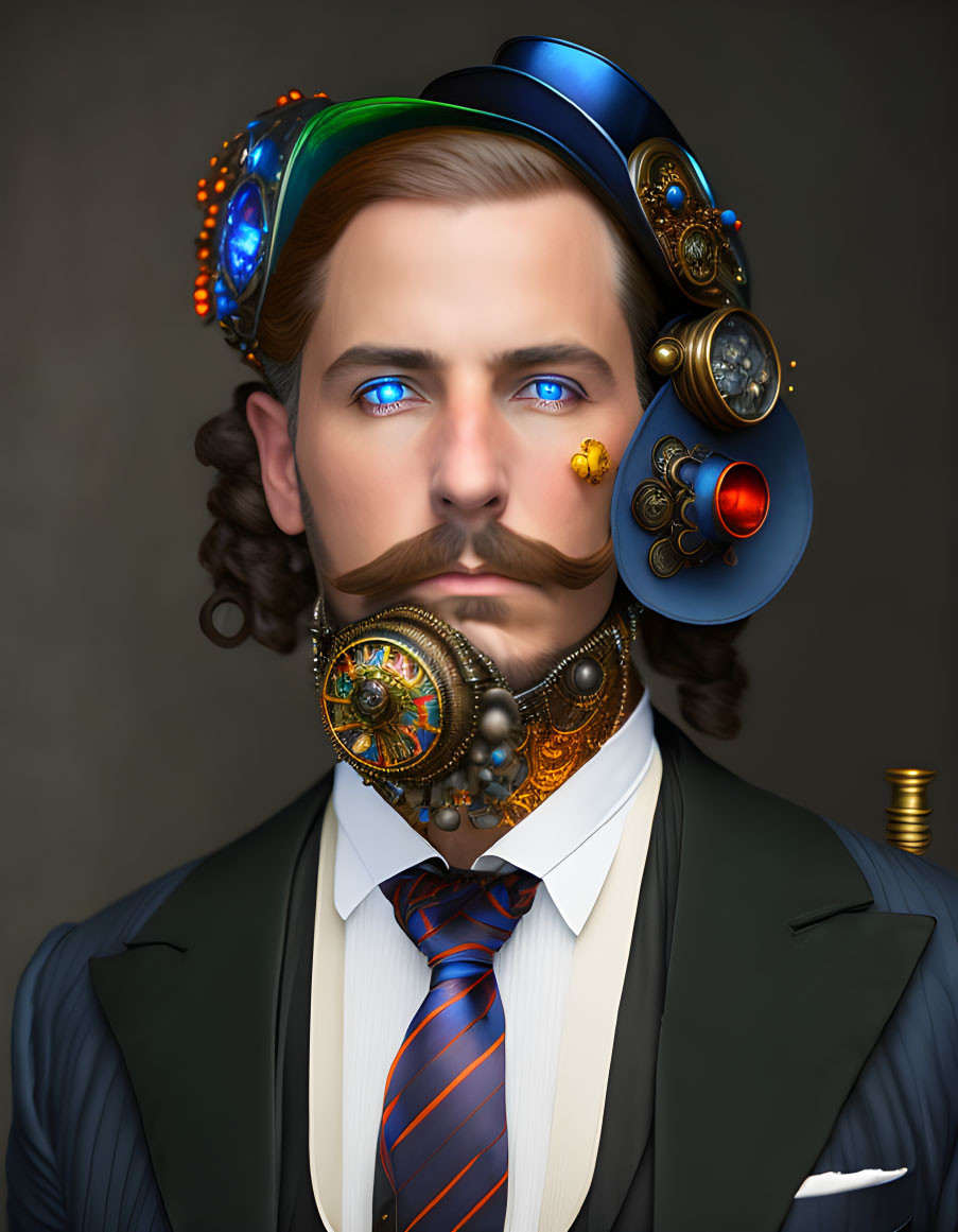 Steampunk-themed man with mechanical facial modifications on grey background