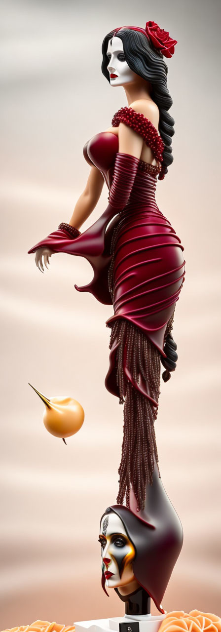 Stylized figurine of woman with red flower in hair and dark red dress.