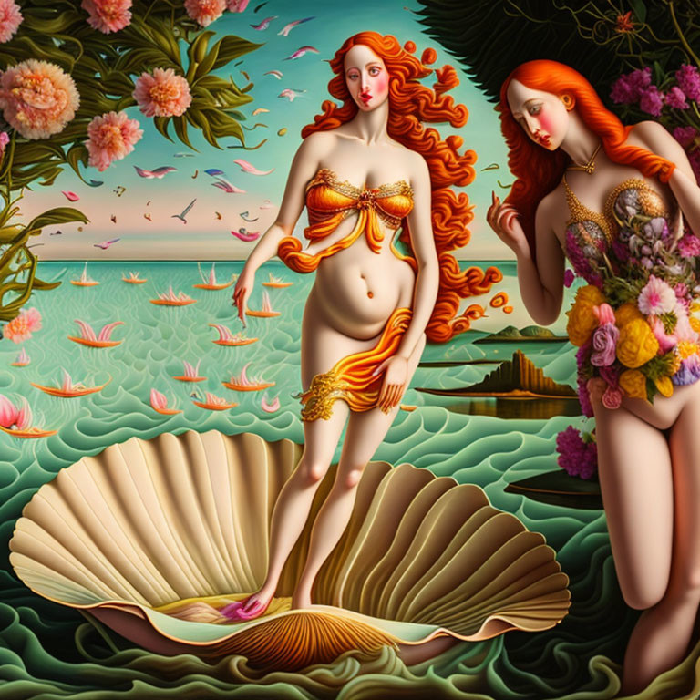 Mermaids with long hair by giant seashell in ocean with pink water lilies