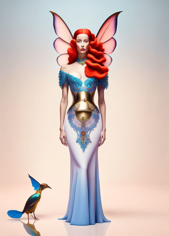 Surreal portrait of woman with butterfly wings and bluebird on pastel backdrop