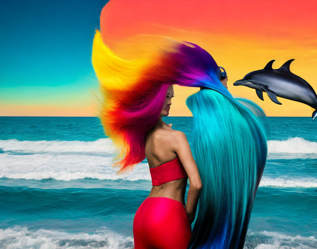 Colorful woman with rainbow hair and dolphin by the sea.