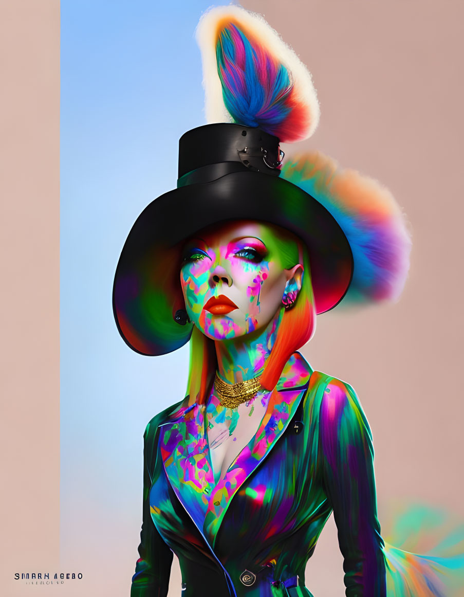 Vibrant digital art: person with psychedelic skin tones, rainbow tuft top hat, pastel