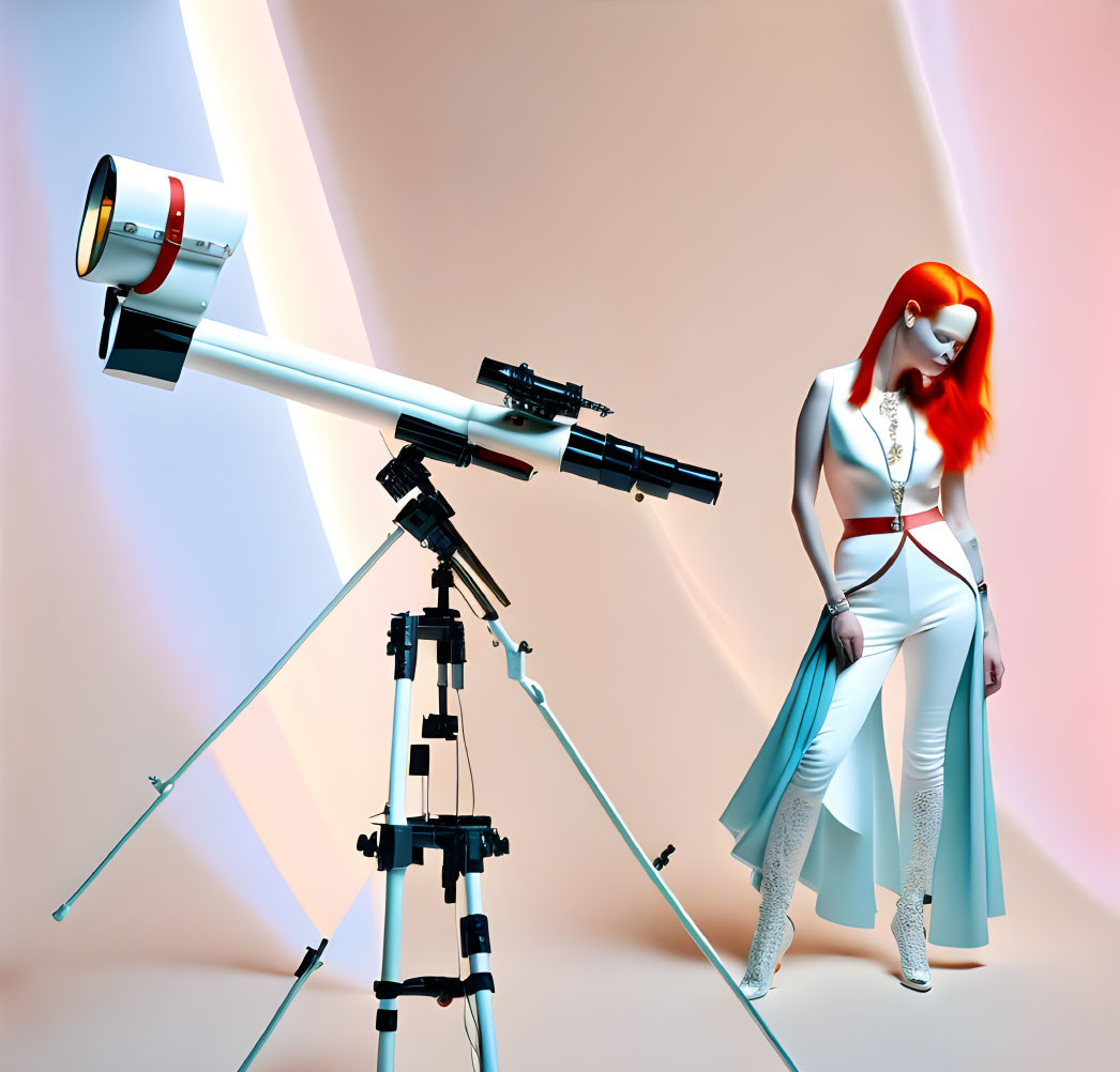 Red-haired female in futuristic attire next to telescope on pastel backdrop