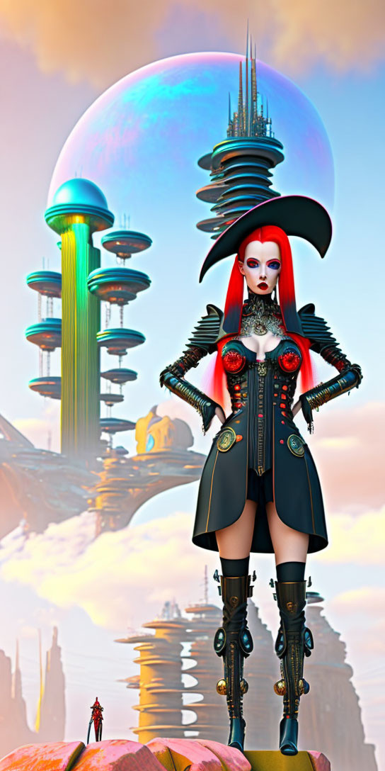 Futuristic woman in black avant-garde outfit on alien landscape