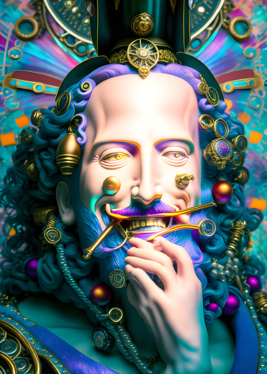 Colorful Surreal Portrait with Exaggerated Features and Ornate Accessories