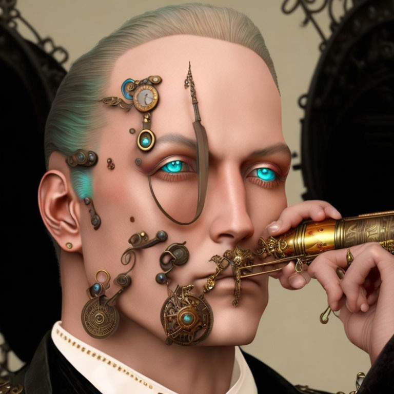 Steampunk digital portrait with mechanical eye and ear enhancements.