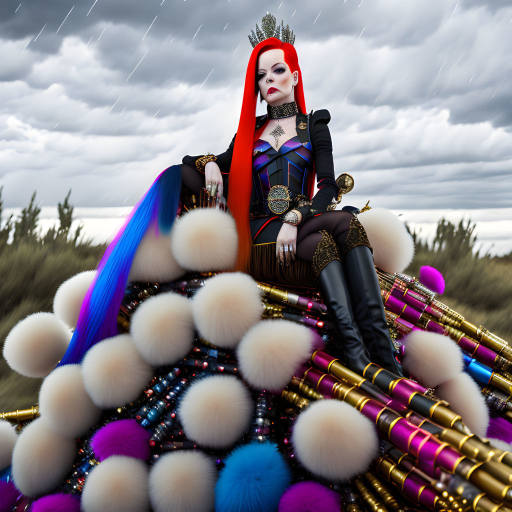 Colorful Female Figure in Black Costume on Fluffy Sphere Throne