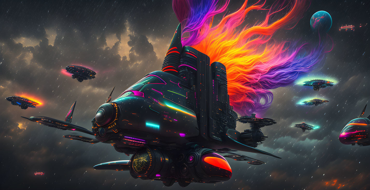 Futuristic ships with fiery exhausts in starry sky