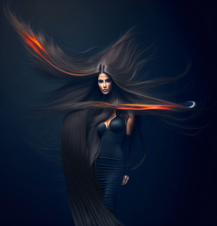 Woman with Long Flowing Hair in Sleek Dress Against Dark Backdrop with Orange Light Streaks