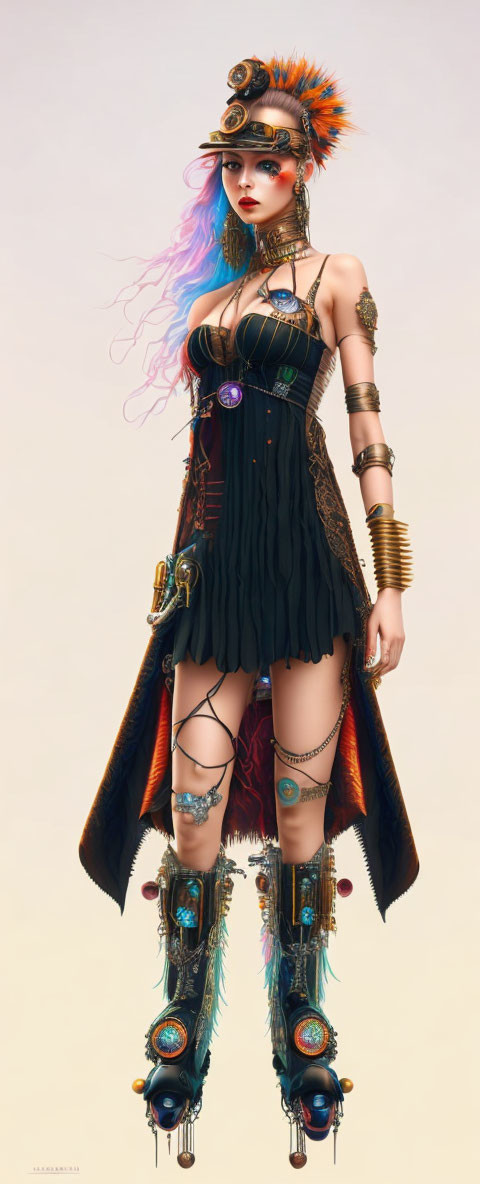 Steampunk-themed digital artwork of a woman with top hat, goggles, and mechanical arm and leg