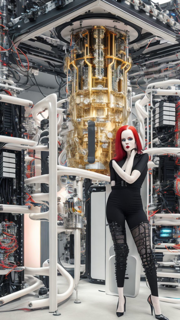 Red-haired woman in black clothing poses confidently with complex quantum computer setup