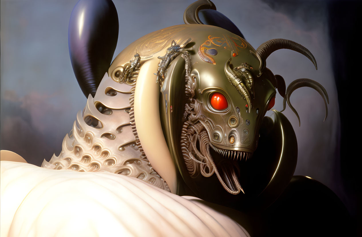 Detailed digital art: stylized insect creature with metallic body and red eye