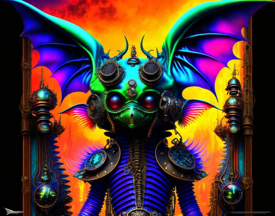 Steampunk-style creature with dragonfly wings and glowing green eyes on fiery backdrop