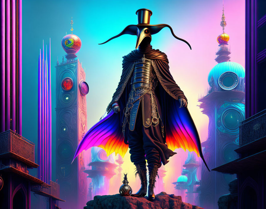 Colorful Alien Cityscape with Whimsical Character in Beak-Like Mask