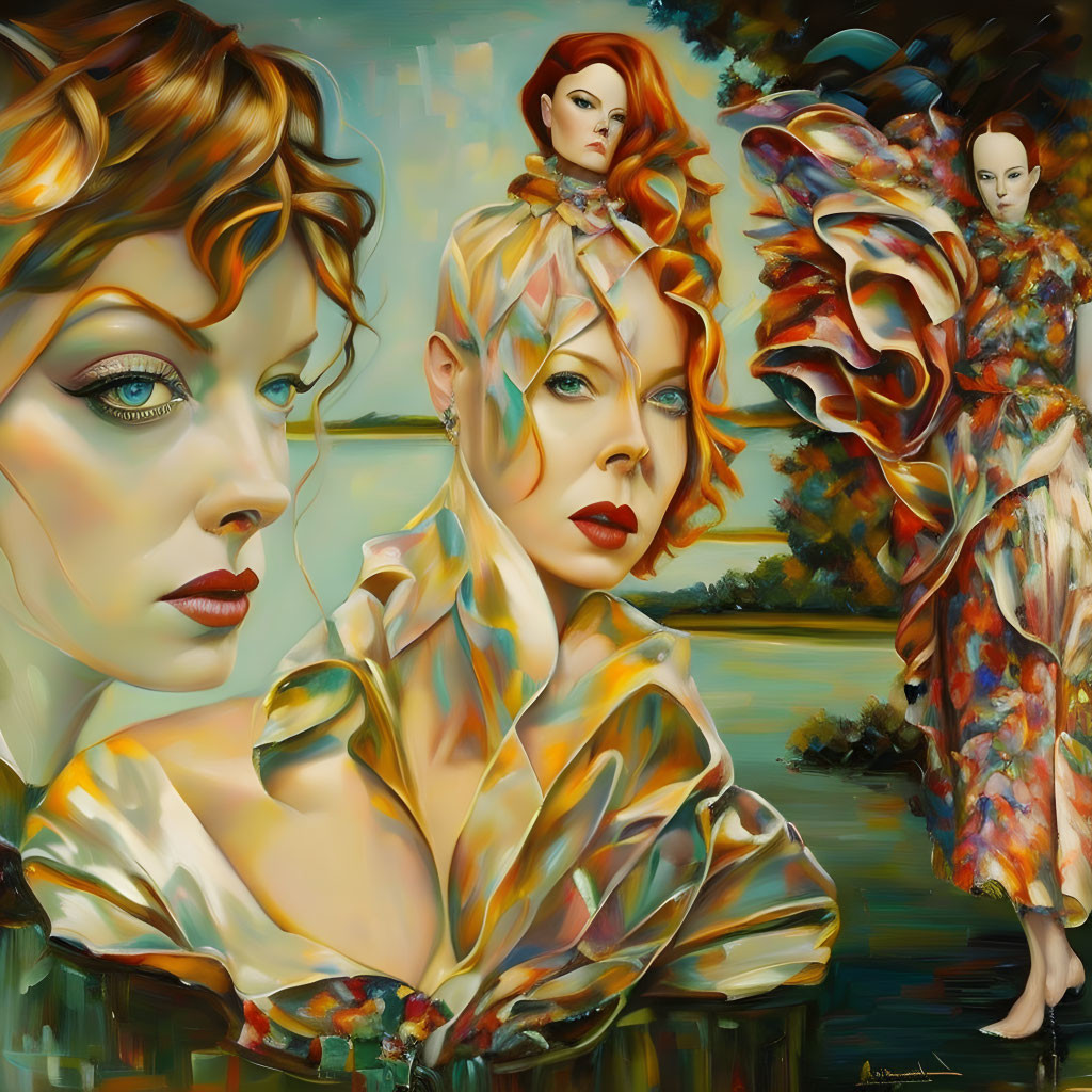 Three vibrant stylized portraits of a woman in flowing attire against colorful abstract backgrounds.