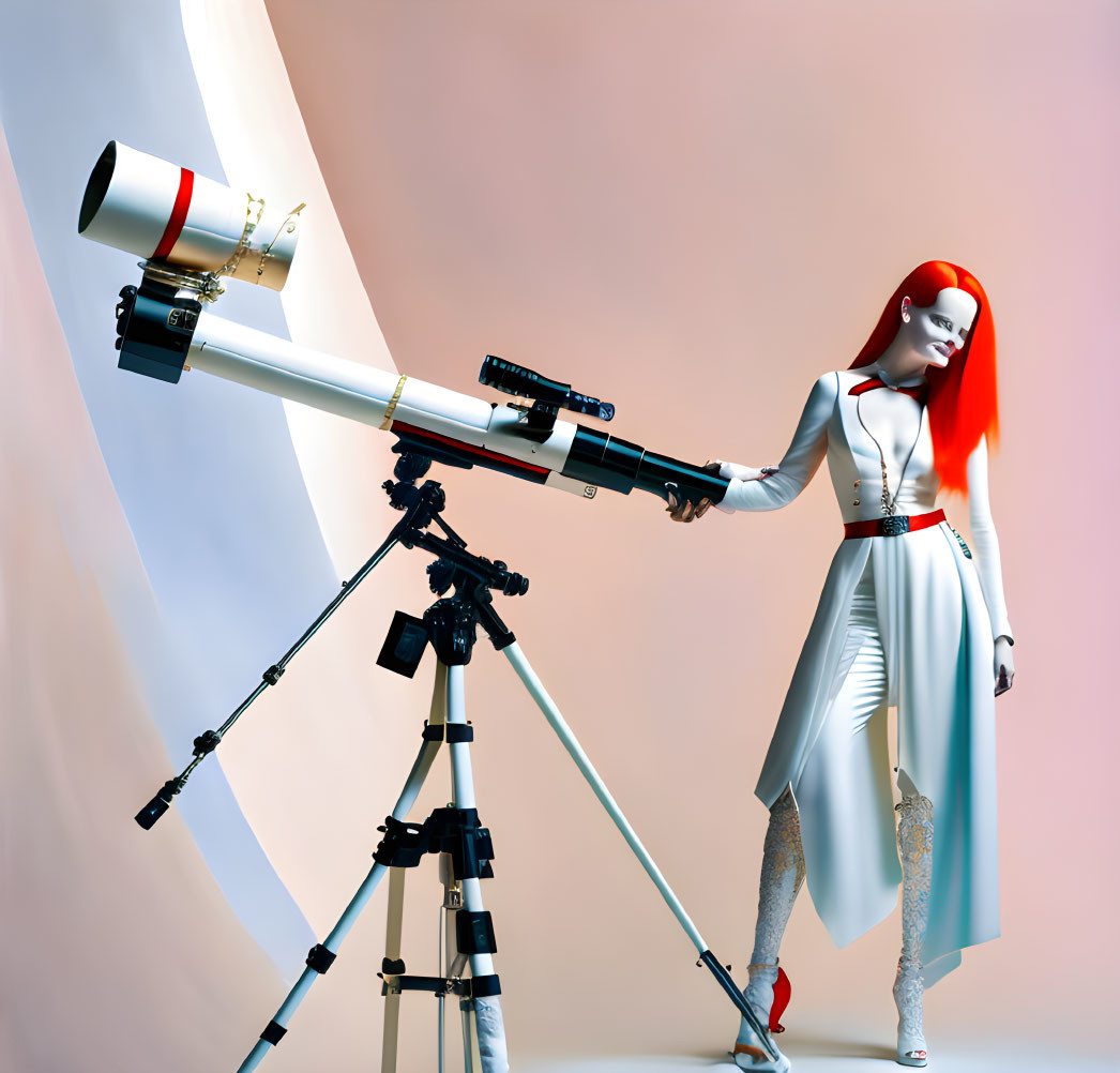 Red-haired woman in futuristic white outfit by large white telescope