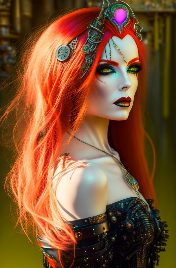 Vibrant red-haired woman in fantasy makeup and gothic armor with ornate headpiece